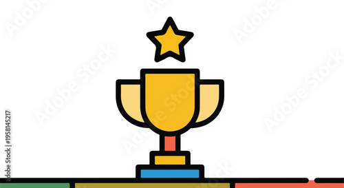 A golden trophy with a star on top sits on a multi-colored platform
