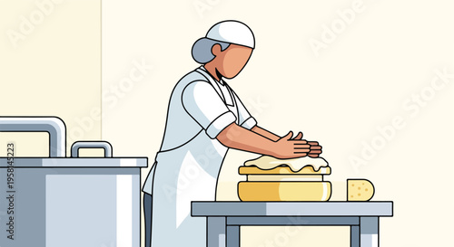 A person in uniform works with cheese on a table next to large containers
