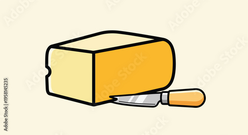 A cartoon block of yellow cheese with a knife nearby, ready for slicing