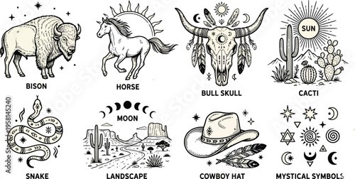 Western Mystic Vector Elements Collection with Buffalo Horse Raven Snake Skull and Celestial Symbols
