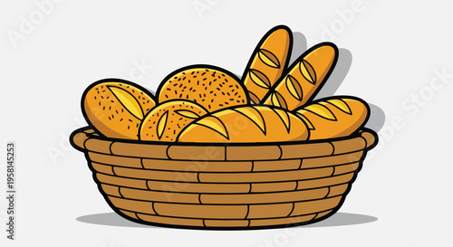 Basket overflowing with freshly baked breads, including baguettes and round loaves