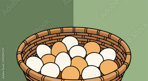 A woven basket overflows with light brown and white eggs against a muted green background