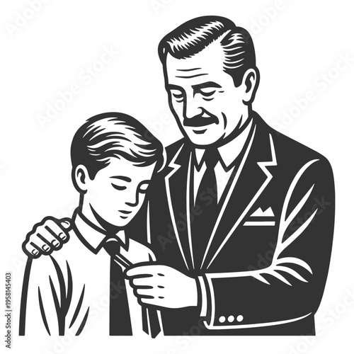 father guiding his teenage son while teaching him how to tie a necktie sketch engraving generative ai fictional character vector illustration. Scratch board imitation. Black and white image.