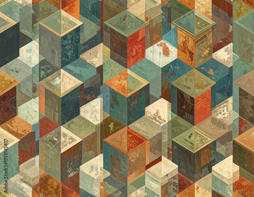Textured cubes overlap, aged earthy color palette