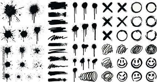 Collection of diverse black ink hand drawn doodle elements including scribbles arrows circles and various messy brush stroke shapes perfect for artistic 
