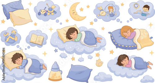 Kids sleeping and dreaming set with children on clouds, pillows and bedtime scenes, cute night routine cartoon vector illustration collection