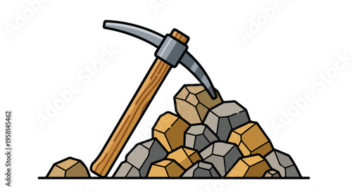 A pickaxe is lodged in a pile of illustrated rocks and stones