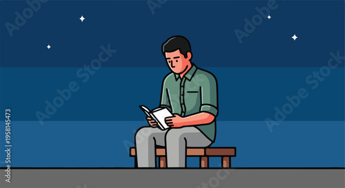 A man sits on a bench reading a book under a starry night sky