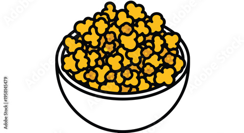A simple, flat illustration of a bowl overflowing with yellow popcorn