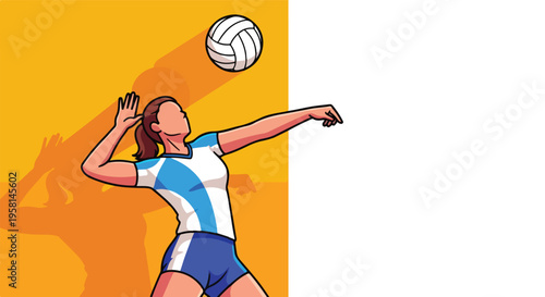 Stylized illustration of a female athlete serving a volleyball during a match
