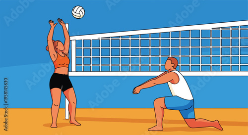 Two people playing beach volleyball near a net