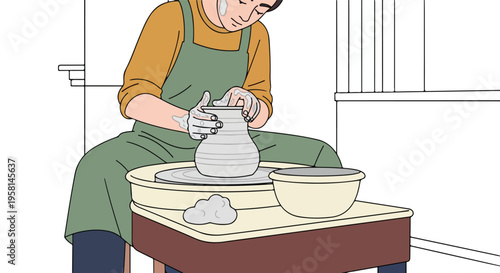 An artist shapes clay on a spinning wheel, with a bowl and clay nearby
