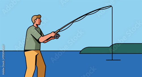Man fishing on a lake with a fishing rod and reel against a light blue sky