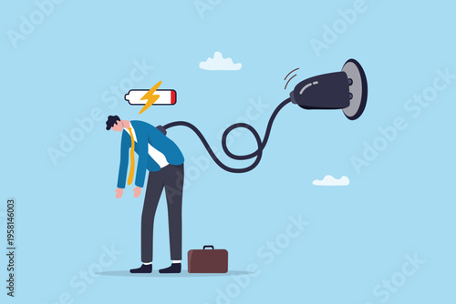 Recharge exhausted employee to refresh motivation, renew life energy from burnout, increase power or recover from stress, businessman charging energy to work at full potential and motivation.
