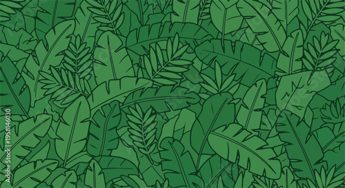 A dense, repeating pattern of various green jungle foliage