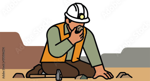 A person in a hard hat and vest examines a rock on the ground