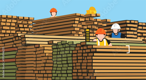 Construction workers in hard hats stand amidst stacks of lumber and bricks
