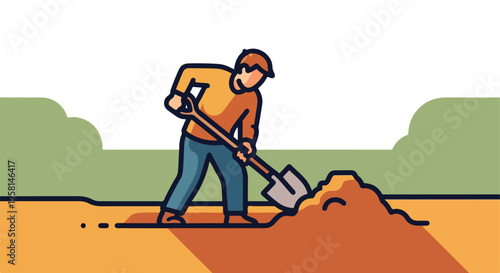A stylized man digs into a mound of dirt with a shovel