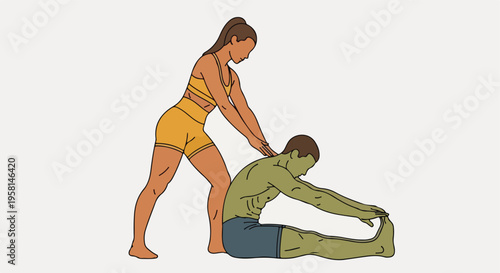 A woman assists a man in a seated forward bend stretch on a neutral background