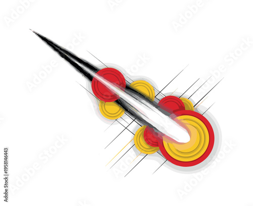 Black and white elongated nebula streak resembling a comet tail, combined with overlapping red and yellow circles suggesting energy and fusion, subtle diagonal