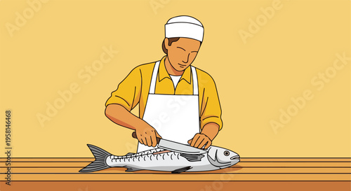 Chef prepares a whole fish on a wooden surface with a knife