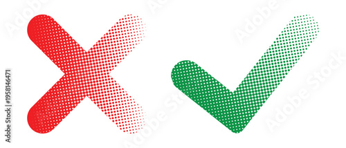 Check mark icons with halftone. Wright and Wrong icon, correct and cross symbol. Yes and no icon button. Tick mark and cross mark icon vector set. Wright and wrong button for web design and mobile app