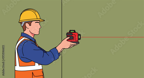 Construction worker using a laser level to measure distances and align construction projects
