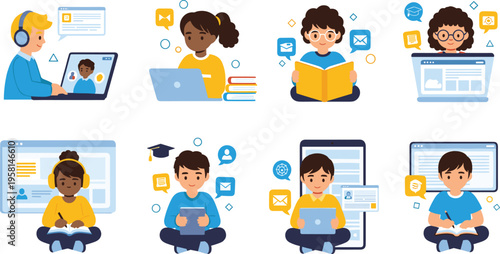 Online learning and education set with kids studying, reading and using laptops cartoon vector illustration collection