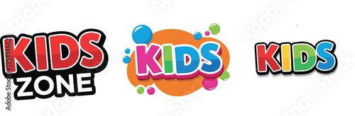 Kids zone colorful typography set with playful bubble style text and vibrant shapes isolated on light background for children entertainment branding design
