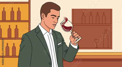 Man in suit carefully smelling a glass of red wine in a bar setting