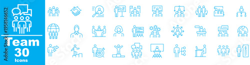 Teamwork and Business People Line Icons – Office Meeting, Leadership, Strategy Vector Set