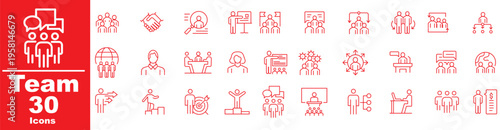 Teamwork Line Icons Set – Business People, Collaboration, Meeting, Leadership, Communication, Office Vector Icons Pack