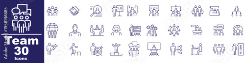Teamwork and Business People Line Icons – Office Meeting, Leadership, Strategy Vector Set