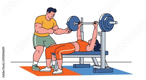 Trainer assists person lifting barbell on weight bench for strength training exercise