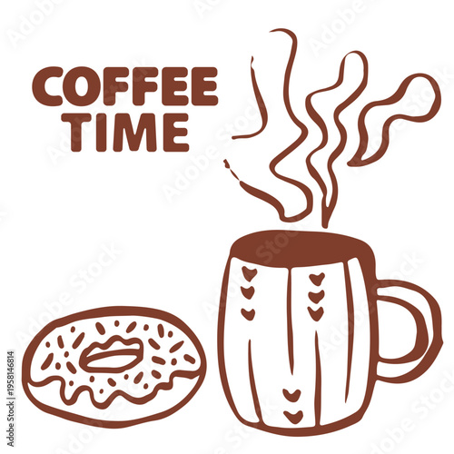 brush hand drawn vector set coffee and tea line art. Whimsy breakfast with coffee cup, croissant, cafeteria food. vector illustration for cafe Breakfast or brunch with coffee and croissant doodle ve