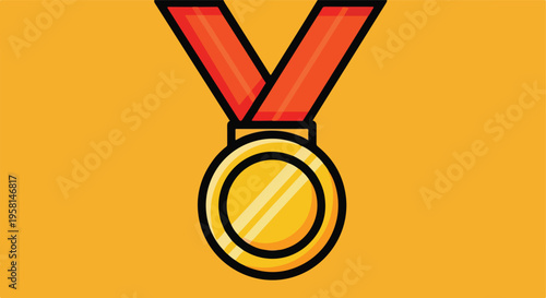 A gold medal with a red ribbon against a yellow background