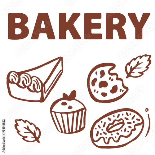 Set of doodle sweets food on white. Vector illustration. Cakes, biscuits, cookie, pastries, donut, ice cream. Perfect for dessert menu or food package design