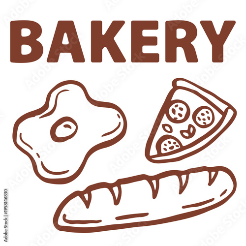 brush hand drawn vector set bakery line art. a whimsical depiction of a scrambled eggs, pizza and baguette. vector illustration for cafe, bakery