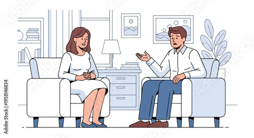 A woman in a white dress and a man in a white shirt talk while sitting in chairs