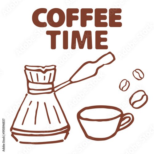 brush hand drawn vector set coffee and tea line art. Whimsy breakfast with coffee cup, croissant, cafeteria food. vector illustration for cafe Breakfast or brunch with coffee and croissant doodle ve