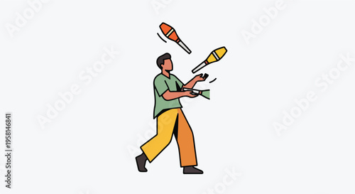 Man in casual clothing juggles brightly colored pins in mid-air