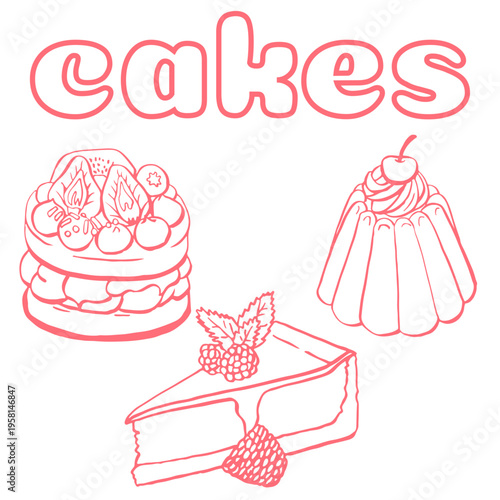 Set of doodle sweets food on white. Vector illustration. Cakes, biscuits, cookie, pastries, donut, ice cream. Perfect for dessert menu or food package design
