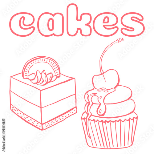 Set of doodle sweets food on white. Vector illustration. Cakes, biscuits, cookie, pastries, donut, ice cream. Perfect for dessert menu or food package design