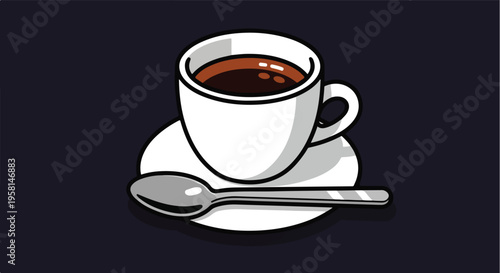 A steaming cup of dark coffee sits on a saucer with a spoon