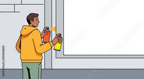 Person in yellow hoodie spraying paint cans on a wall