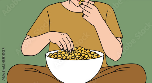 A person sitting cross-legged and eating popcorn from a large bowl