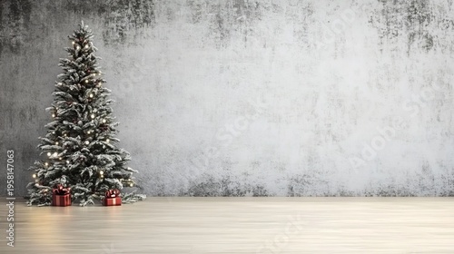 Cozy Winter Holiday Interior Scene Featuring a Snow-Covered Christmas Tree with Gifts and Lights