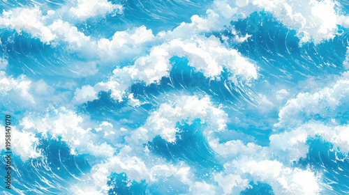 Vibrant Ocean Waves with White Foam in a Bright Blue Sea Background