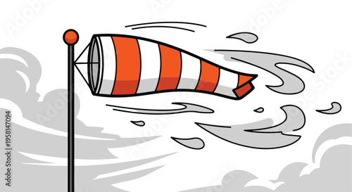 Windsock illustration showing strong gusts of wind with stylized clouds