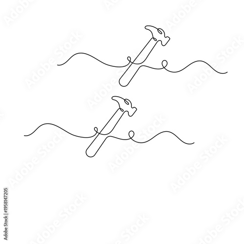 Continuous line drawing of a claw hammer on a wavy baseline

